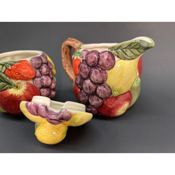 Pottery Barn Creamer and Sugar, Raised Fruit Pattern, VTG Japan Farmhouse Decor - Picture 6 of 7